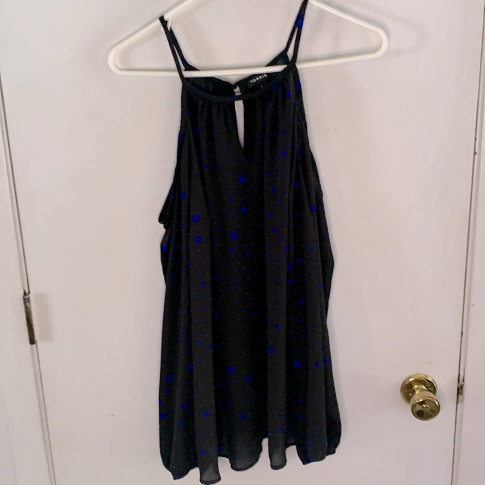 Torrid Size 1 black cold shoulder blouse with royal blue stars